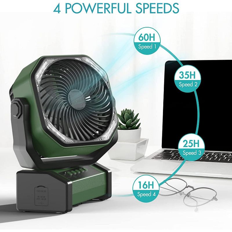 PANERGY 20000mAh Camping Fan with LED Light, Auto-Oscillating Desk Fan with Remote & Hook, Rechargeable Battery Operated Tent Fan - Army Green, 3 of 9