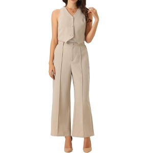 INSPIRE CHIC Women's Sleeveless V-Neck Button Down Back Elastic Wide Leg Pantsuits - 1 of 4