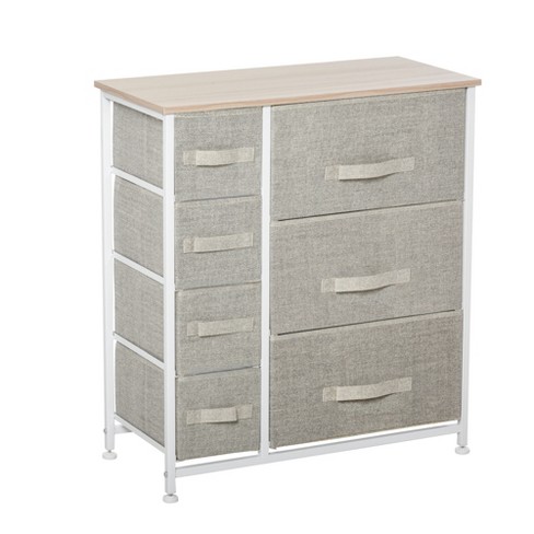 HOMCOM 7 Drawer Dresser Fabric Chest of Drawers 3 Tier Storage Organizer  for Bedroom Entryway Tower Unit with Steel Frame Wooden Top Light Grey