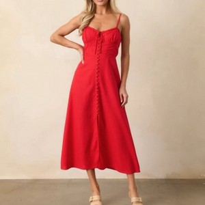Women Backless Bodycon Dress Smocked Waist v-Neck Ruffled Hem Midi Dress red,S  : Target