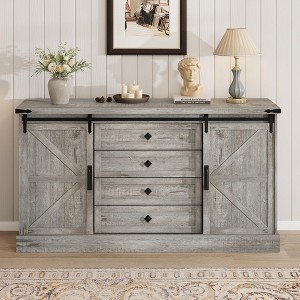 Farmhouse Sideboard with 4 Drawers and Sliding Barn Doors, 59 Inch Wide Buffet Cabinet for Dining Room and Living Room - 1 of 4
