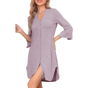 cheibear Women's Button Down Nightgown Knit Stretchy Half Sleeve Soft Pajama Dress Nightshirt - 1 of 4