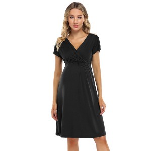 Clearlove 2025 Summer Maternity Nursing Dress Baby Shower Short Sleeves A-line Midi Pregnancy Dress - 1 of 4