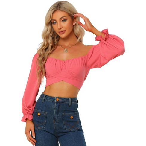 Allegra K Women's Casual Long Sleeve Cut Out Slim Fitted Basic Crop Tops :  Target