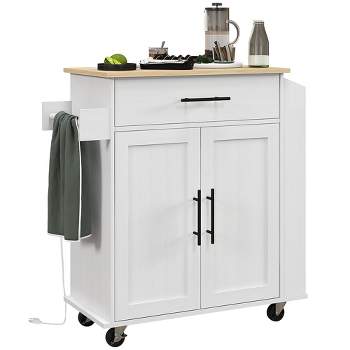 HOMCOM Kitchen Island with Power Outlet, Rolling Kitchen Cart with Storage Drawer, Portable Microwave Stand with Doors, Towel Rack, Spice Rack, White