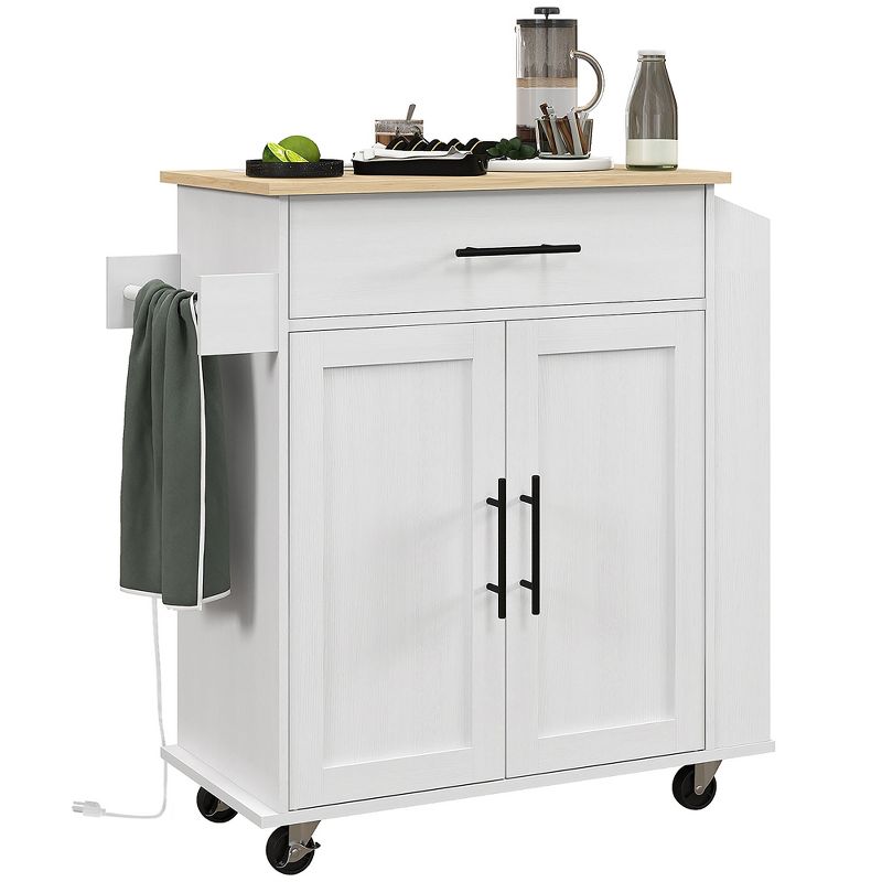 HOMCOM Kitchen Island with Power Outlet, Rolling Kitchen Cart with Storage Drawer, Portable Microwave Stand with Doors, Towel Rack, Spice Rack, 1 of 7