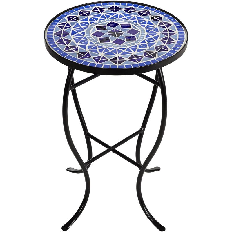 Teal Island Designs Modern Black Round Outdoor Accent Side Table 14" Wide Light Blue Mosaic Tabletop Front Porch Patio Home House Balcony, 5 of 8