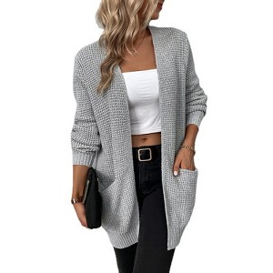 Women's Longline Knit Cardigan - Long Sleeve Pocket Front Open Sweater (S-XL)Gray 1X - 1 of 3