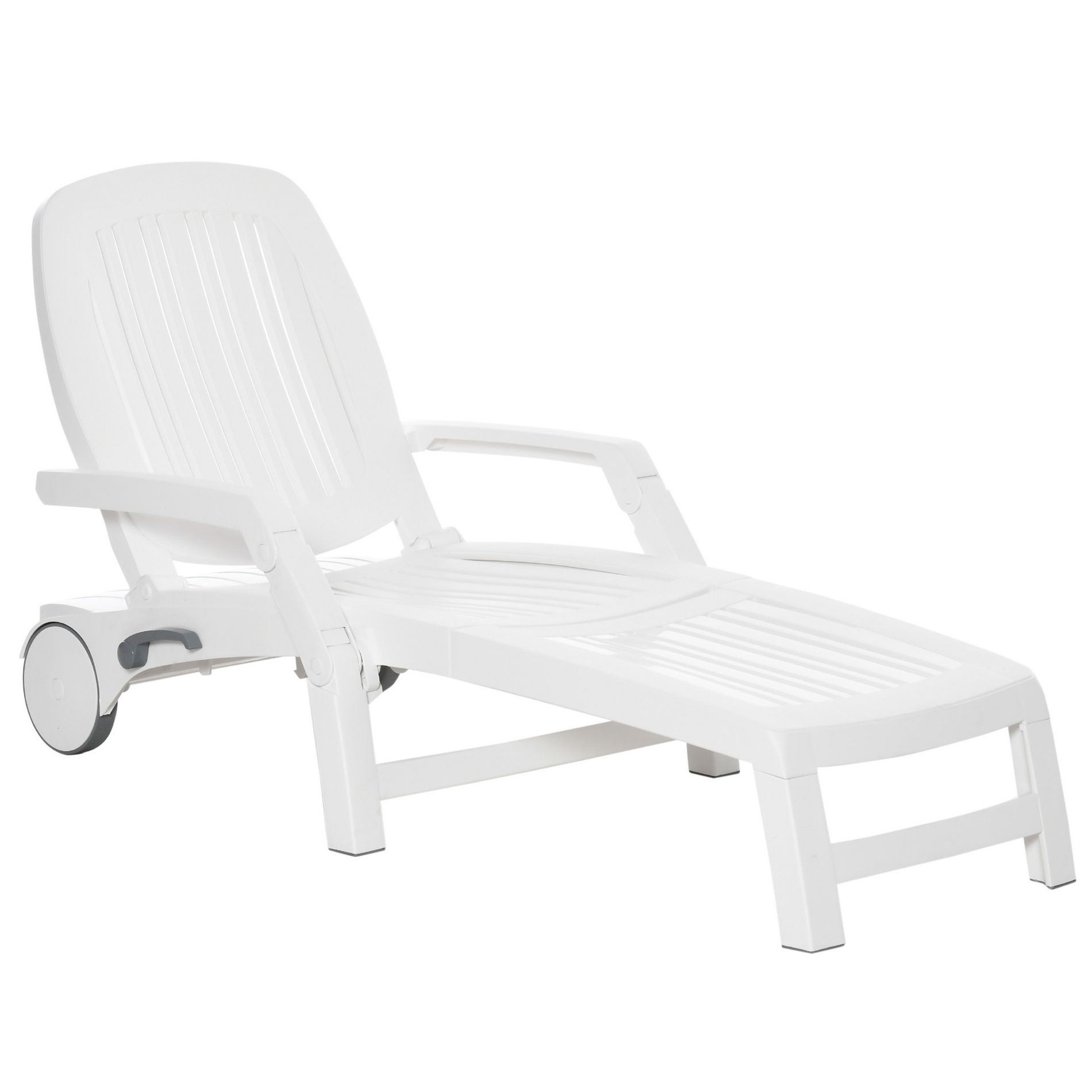 Gulches White Outdoor Folding Chaise Lounge Chair, 5-Level Adjustable Backrest w/ Wheels & Storage Box, Waterproof Quick-Assembly Lounger