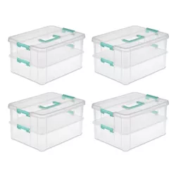 Sterilite Convenient Small Home 2-Tiered Layer Stack Carry Storage Box with Colored Accent Secure Latching Lid, Clear (12 Pack)