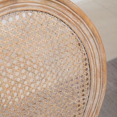 Cream White Distressed Rattan Back Upholstered Side Chairs, Set of 3