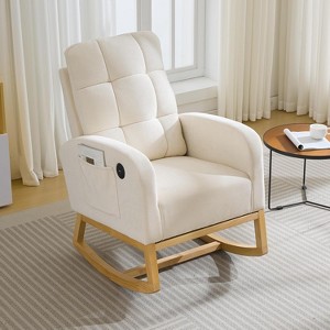 Modern Nursery Rocking Chair, Comfortable Rocker Recliner with Side Pocket, Footrest and USB Port, Mid Century Upholstered Rocker Glider, High Back - 1 of 4