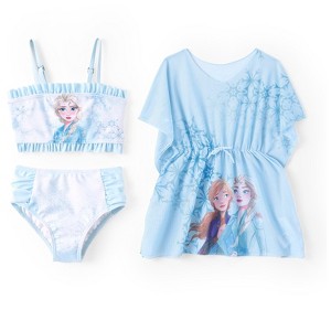 Disney Frozen Kids Toddler Girl 3pcs Elsa And Anna Sunproof Ruffles Bikini Swimsuit with Cover-up Set Swimwear Sets - 1 of 4