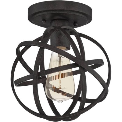 Franklin Iron Works Rustic Industrial Ceiling Light Semi Flush Mount Fixture LED Edison Atomic Black 8" Wide for Bedroom Kitchen