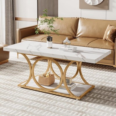 HTUTWOO 47.24" Faux Marble Wood Coffee Table, 2-Tier Modern Coffee Table with Open Storage Geometric Legs for Living Room, White & Gold