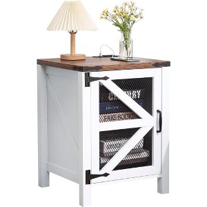Rustic White Farmhouse Side Table with Barn Door, Space-Saving Wooden Table with Charging Station and Storage for Bedroom and Living Room - 1 of 4