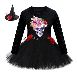 MyKids-USA Arrival Girls’ Halloween Costume: Long Sleeves Cartoon Printed Witches Cosplay Party Tulle Patchwork Dress with Hat Set - 1 of 4