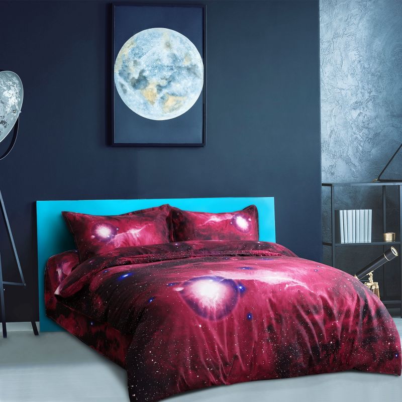 PiccoCasa Polyester Galaxy Sky Cosmos Night Pattern 3D Printed Duvel Cover Sets 4 Pcs with 2 Pillowcases Queen Red, 3 of 9
