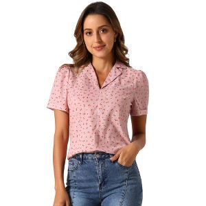 Allegra K Women's Short Sleeve Casual V Neck Print Notch Lapel Collar Summer Blouses - 1 of 4