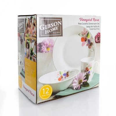 Vineyard Rose White Ceramic 12-Piece Floral Dinnerware Set