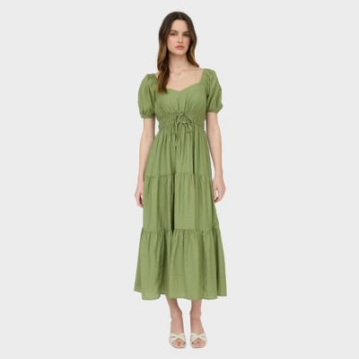 August Sky Women's V-Neck Mock Waist Ties Tiered Midi Dress