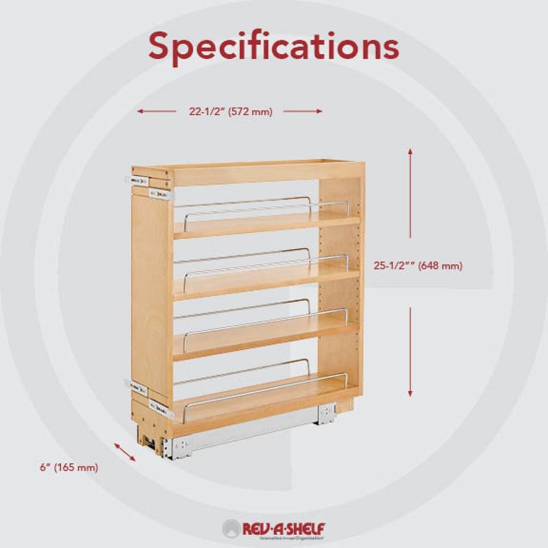 Rev-A-Shelf Pull Out Kitchen Cabinet Storage Organizer Spice Rack w/3 Adjustable Sliding Wood Shelves, Chrome Rails, & 100lb Capacity, 5 of 8