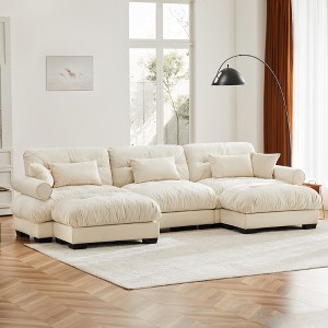 Aukfa Cream Velvet Large Sofa with Bolster Armrests, Waist & Throw Pillows – Modern Couch for Living Room, Bedroom or Office - 1 of 4