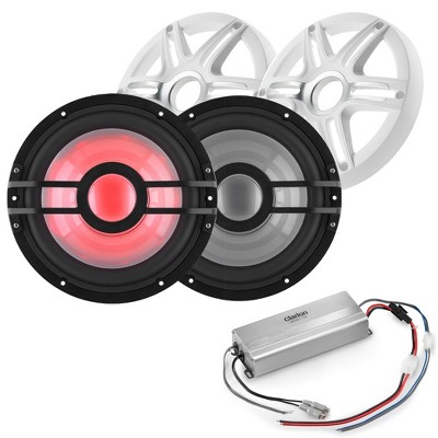 Clarion Marine Bass Bundle - (2) CMSP-101RGB-4 10" RGB LED subwoofers includes White Grilles, Clarion Marine XC2110 Amplifier