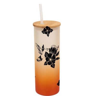 Elanze Designs Hummingbird Summer Flower Garden Wrap-Around Design 25 Ounce Frosted Gradient Glass On-The-Go Coffee Travel Skinny Tumbler Mug Cup,