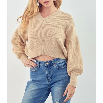 Women's CROPPED RIBBED-KNIT SWEATER - &merci