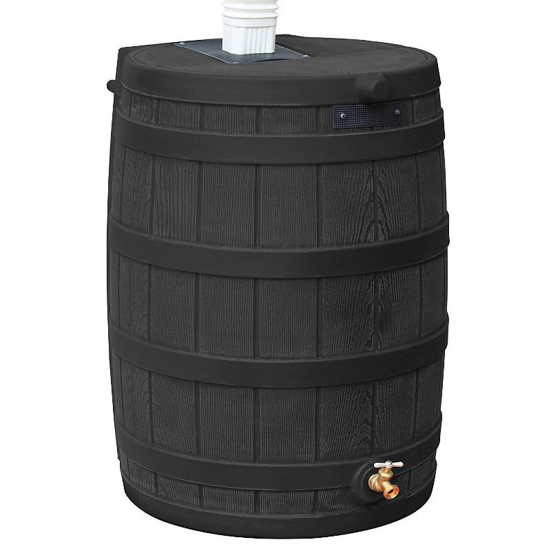 Good Ideas Rain Wizard 50 Gallon Plastic Outdoor Rain Barrel Water Storage Collector with Brass Spigot and Flat Back Design, Black, 1 of 7
