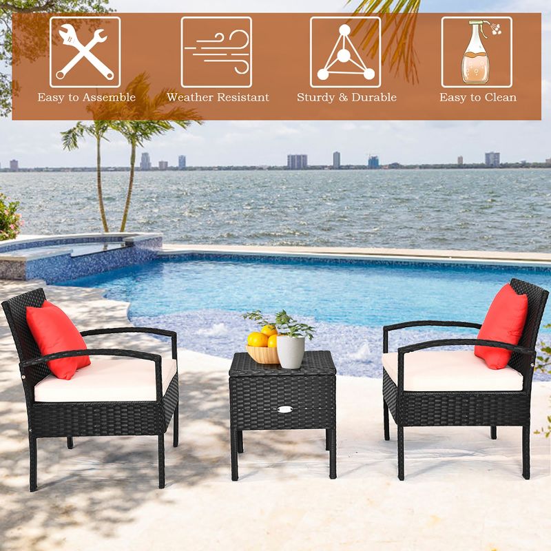 Costway 3PCS Patio Rattan Furniture Set Storage Table Cushioned Sofa Deck Red\Turquoise\White, 5 of 11