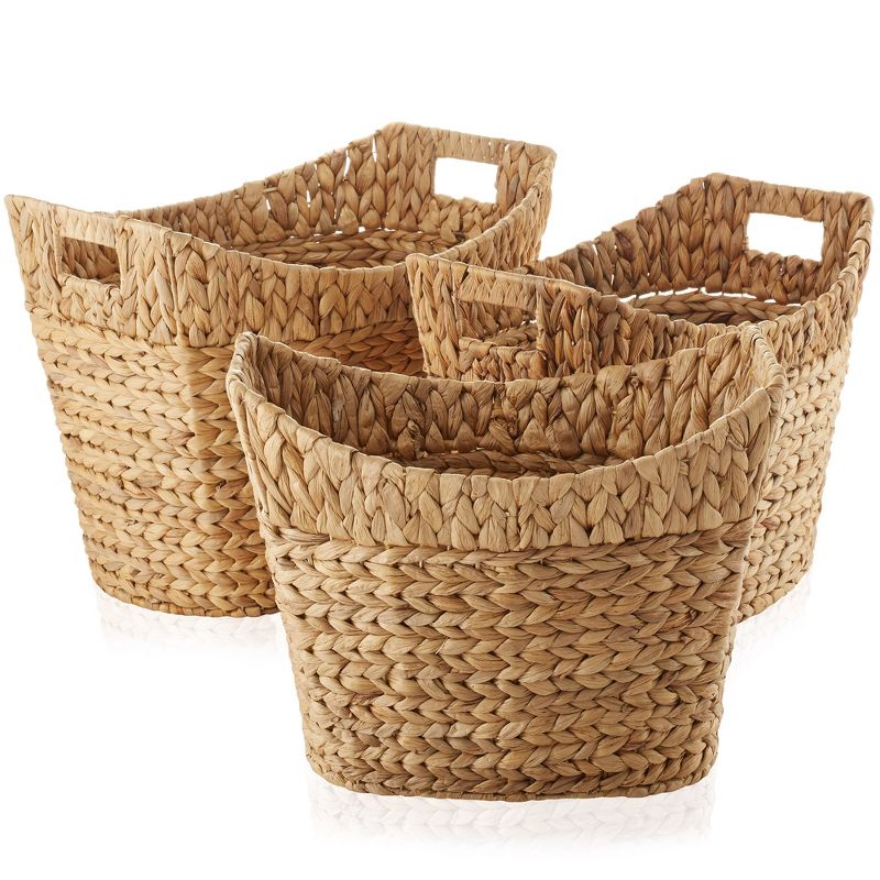 Casafield Set of 3 Water Hyacinth Oval Baskets with Handles, Woven Storage Totes for Blankets, Laundry, Bathroom, Bedroom, Living Room, 1 of 8