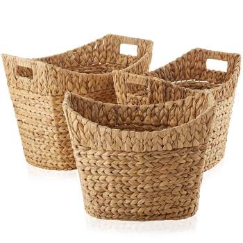 Casafield Set of 3 Water Hyacinth Oval Baskets with Handles, Woven Storage Totes for Blankets, Laundry, Bathroom, Bedroom, Living Room