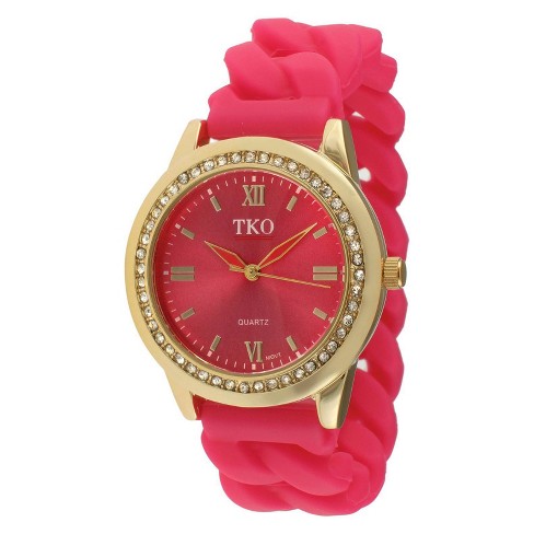 Women's TKO Rubber Chain Crystal Bezel Watch - Gold/Pink