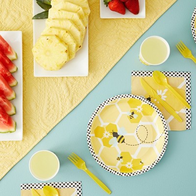 Yellow Bumble Bee Birthday Party Supplies Set - Plates, Napkins, Cups, and Cutlery