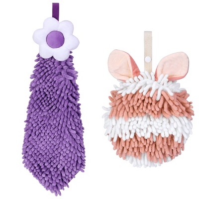 REGALWOVEN 2 Packs Soft Absorbent Flower and Rabbit Shape Decorative Chenille Hand Towel for Bathroom 6" x 15"/7" x 7"