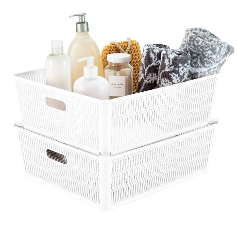 Simplify 4 Pack Slide 2 Stack It Small Plastic Storage Tote Baskets in  White 