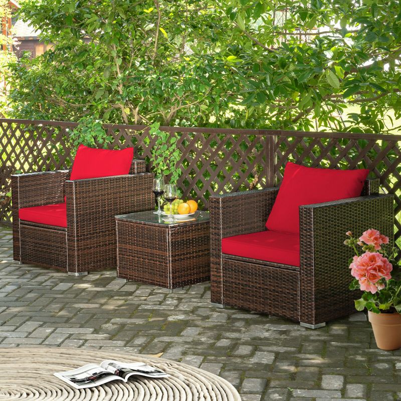 Costway 3PCS Patio Rattan Furniture Set Conversation Sofa Cushioned Turquoise\Red, 5 of 11