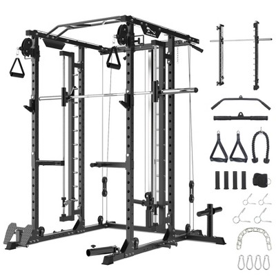 Power Cage with SmithBar, 2000 LBS Power Rack with Cable Cross-over System, Multi-Functional Strength Training Squat Rack