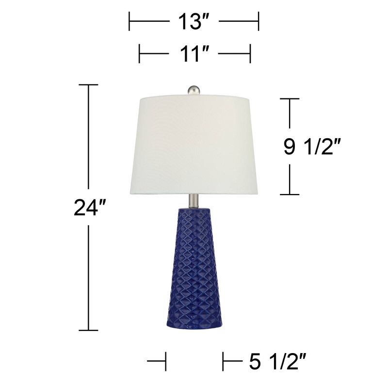 360 Lighting Ricky Modern Table Lamps 24" High Set of 2 Deep Blue Triangle Textured Ceramic White Fabric Tapered Drum Shade for Bedroom Living Room, 4 of 8