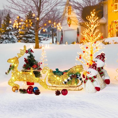 Gold Reindeer and Sleigh Set for Christmas Decorations, Metal Frame Christmas Elk Ornaments
