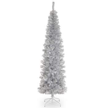 Tangkula 6ft Hinged Artificial Silver Tinsel Christmas Tree With Metal ...