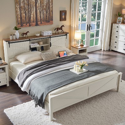 SinCiDo Farmhouse Bed Frame,w/Charging Station, Storage Bookcase Headboard,Sliding Barn Door,No Box Spring Needed, w/Wood Slats Support