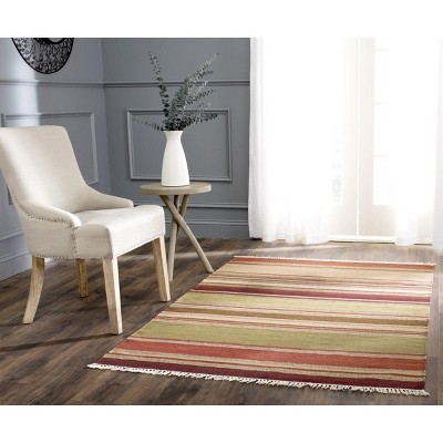 Red and Beige Wool Striped 4' x 6' Area Rug