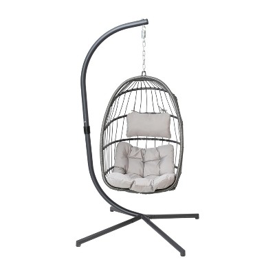 Gray Wicker Hanging Egg Chair with Cushions and Stand
