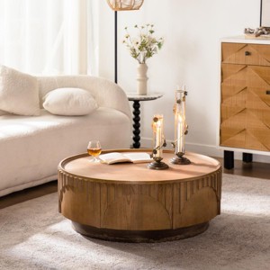 36.2" Natural Modern Round Wood Coffee Table with Fluted Pedestal Base, Handcrafted Solid Wood Veneer Center Table for Living Room -3irtyhousy - 1 of 4