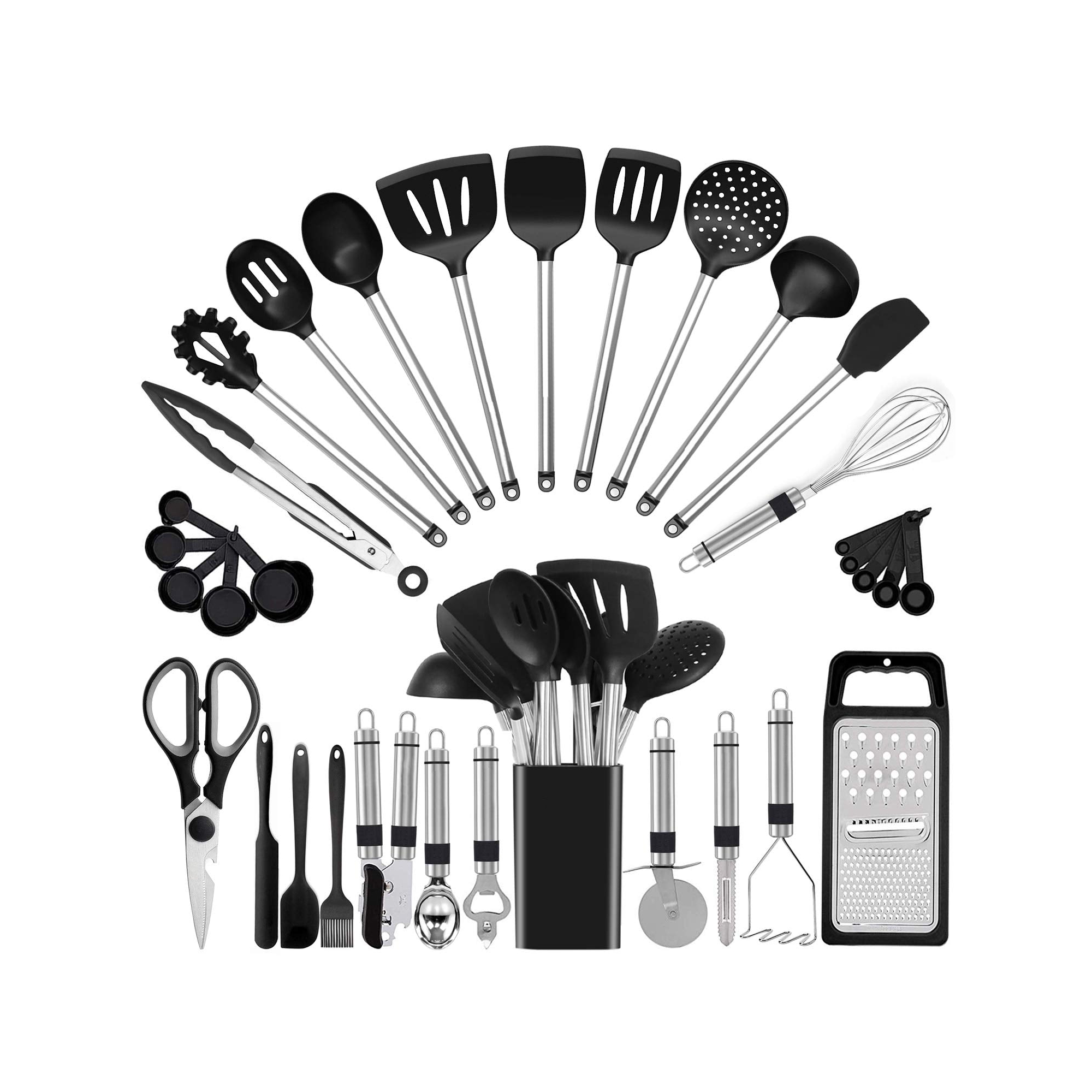 Itopfox Kitchen Utensil Set with 33 Silicone Cooking Tools for Nonstick Cookware - Stainless Steel Spatula Set & Useful Pots and Pans Accessories