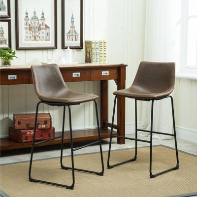 Antique Brown Leather and Black Metal Bar Stools, Set of 2