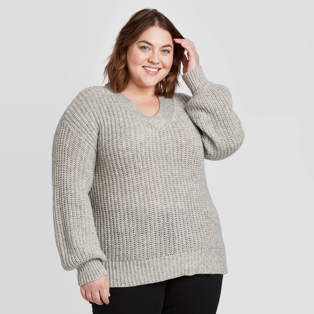 Women's Plus Size V-Neck Pullover Sweater - Ava & Viv Light Gray 1X, Women's, Size: 1XL was $27.99 now $19.59 (30.0% off)